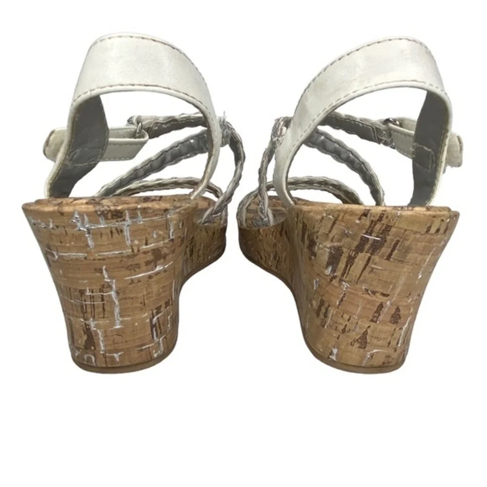 Arizona Jean Co Jersey Sandals White and Silver Braided Straps Wedge Cork Size 2
